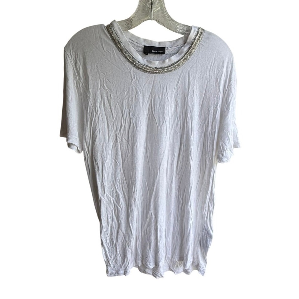 The Kooples White Viscose Tee Short Sleeve Silver Chain Neck Embellished XL